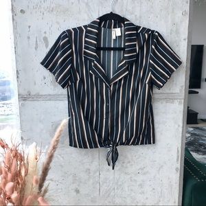 Japna Striped Button Down Collar Shirt with Tie Front S